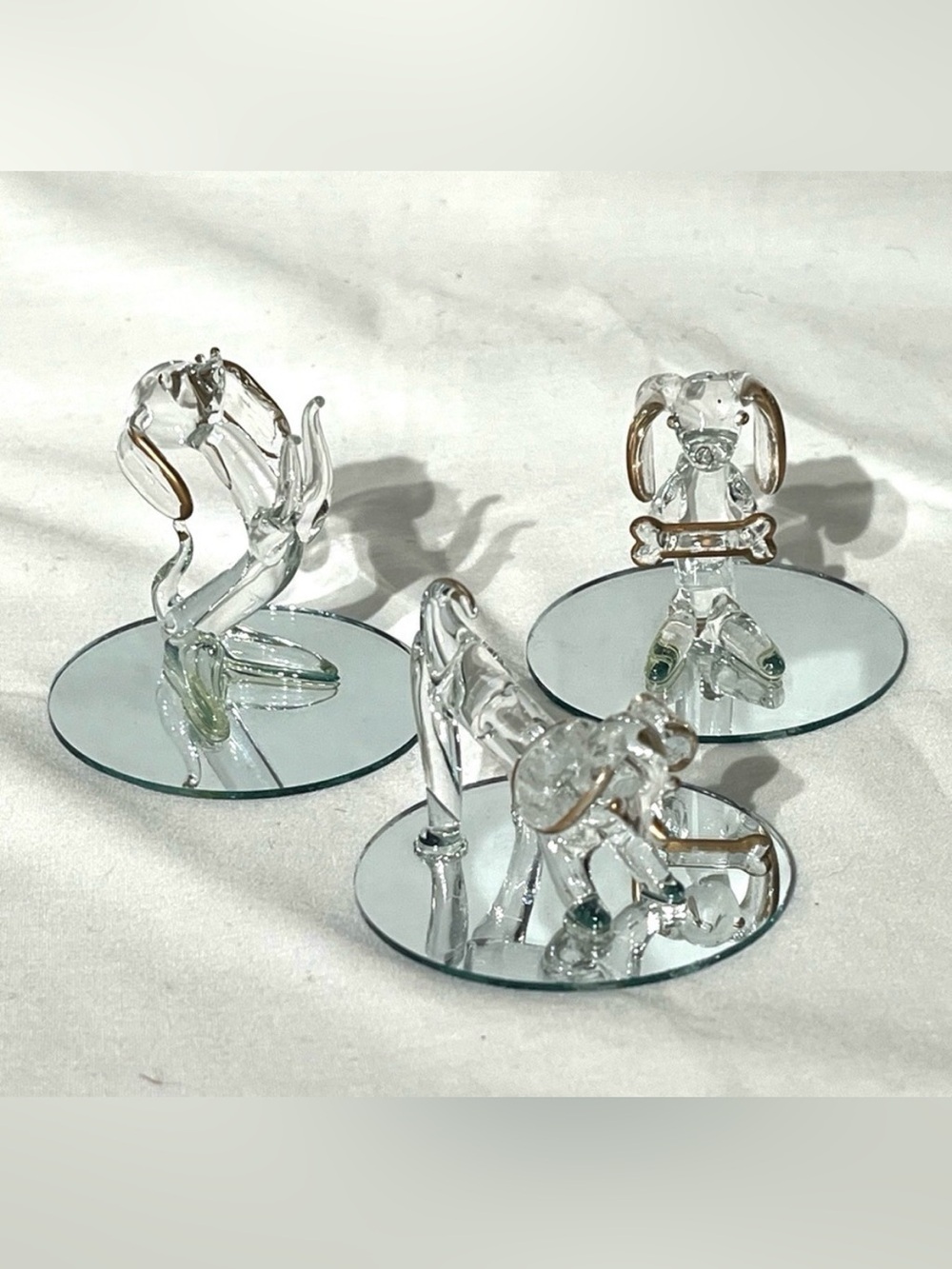 3 Weiner Dog Dachshund Figurines Hand Blown Clear Glass Gold Trim - Gift